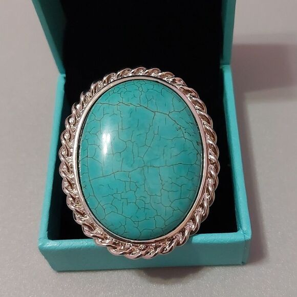 Oversized Faux Turquoise Cabochon Ring with Adjustable Band Silver Tone - Picture 1 of 6